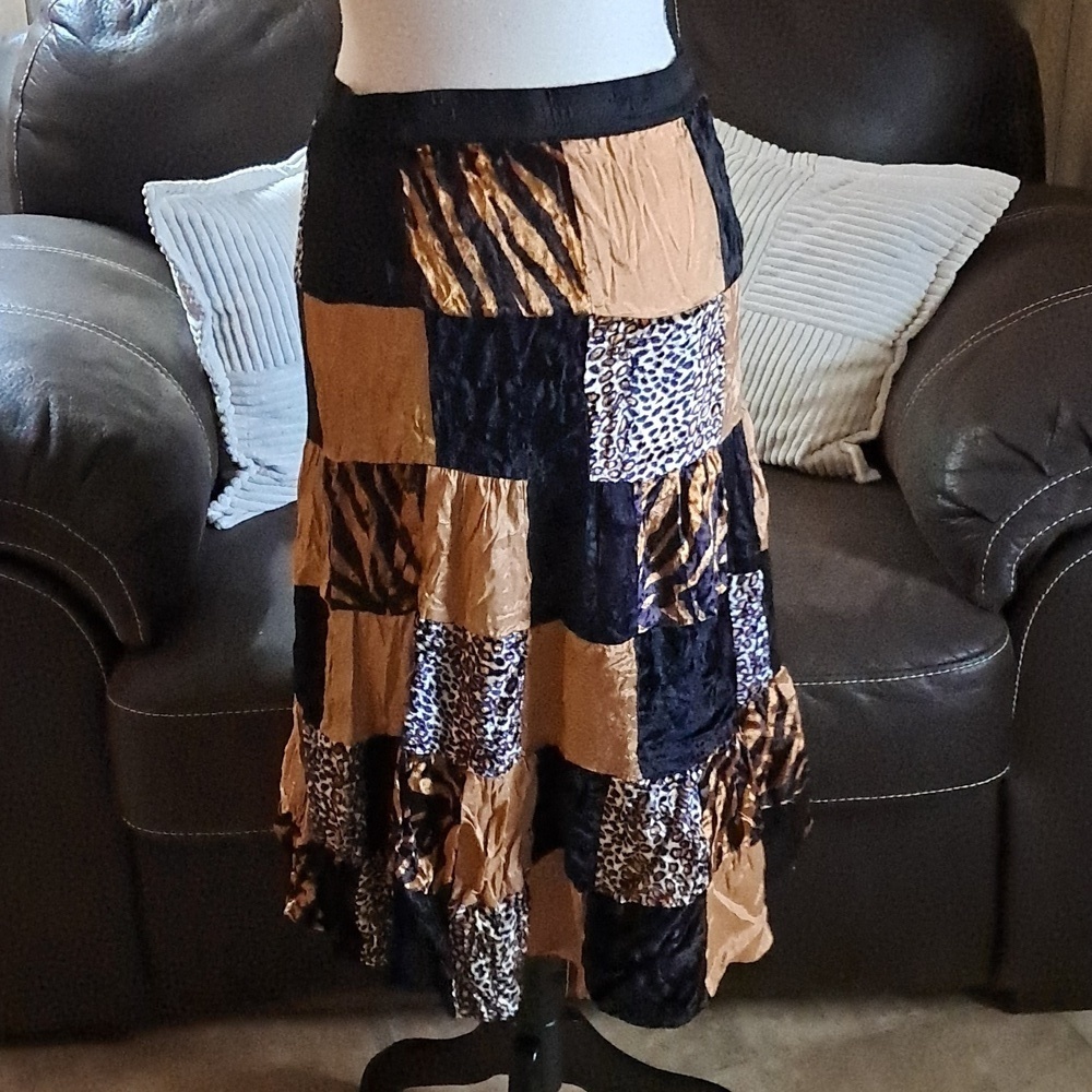 Vintage Lew Magram Neutral Animal Print Patchwork Midi Skirt Size M